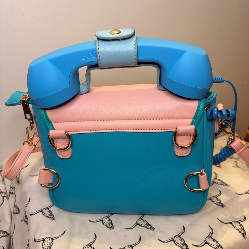Retro Telephone Design Pink and Blue Handbag - Picture 3 of 5